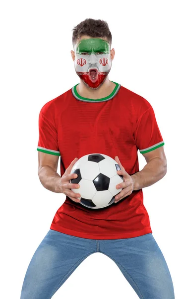 Miłośnik Piłki Nożnej Koszulką Twarzą Pomalowaną Flagą Drużyny Iran Krzyczy — Zdjęcie stockowe