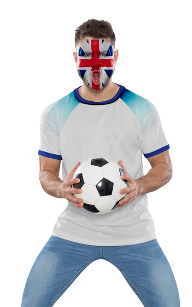 Miłośnik Piłki Nożnej Koszulką Twarzą Pomalowaną Flagą Angielskiej Drużyny Krzyczącej — Zdjęcie stockowe