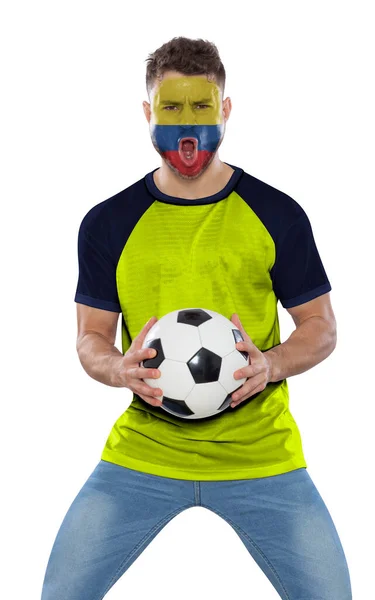 Miłośnik Piłki Nożnej Koszulką Twarzą Pomalowaną Flagą Ekwadoru Krzyczy Emocji — Zdjęcie stockowe