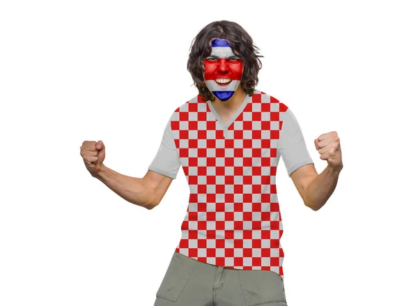 Miłośnik Piłki Nożnej Koszulką Twarzą Pomalowaną Flagą Chorwackiej Drużyny Krzyczy — Zdjęcie stockowe