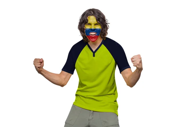 Soccer Fan Man Jersey Face Painted Flag Ecuador Team Screaming — Stock Photo, Image