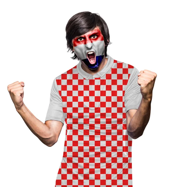 Fotbalový Fanoušek Muž Dresem Tvář Malované Vlajkou Chorvatského Týmu Křičí — Stock fotografie