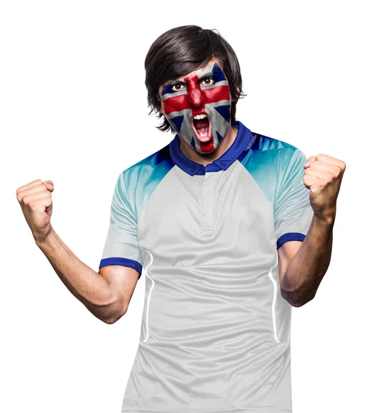 身穿球衣的足球迷 脸上涂着英格兰队的旗帜 情绪激动地尖叫着 背景是白色的 — 图库照片