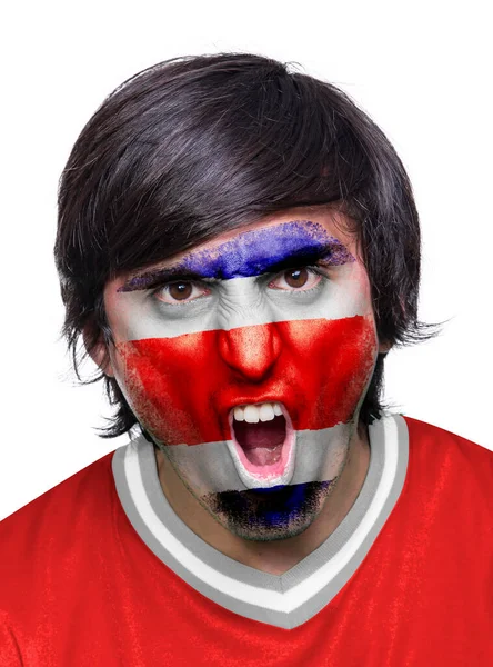 Fotbalový Fanoušek Muž Dresem Tvář Malované Vlajkou Týmu Kostarika Křičí — Stock fotografie