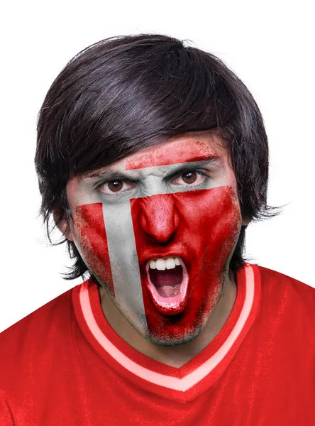 Άνθρωπος Οπαδός Του Ποδοσφαίρου Φανέλα Και Πρόσωπο Ζωγραφισμένο Σημαία Της — Φωτογραφία Αρχείου