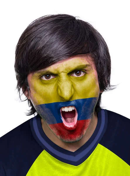 Voetbalfan Met Trui Gezicht Geschilderd Met Vlag Van Het Ecuador — Stockfoto