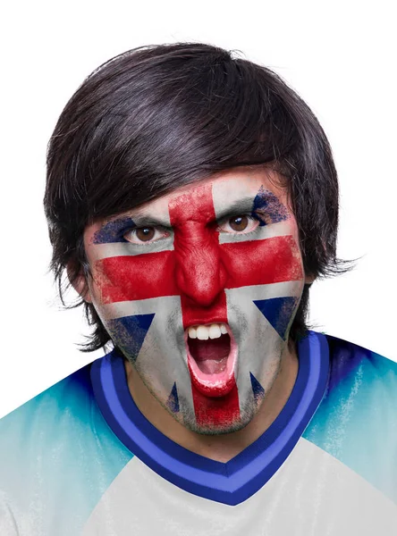 Fotbalový Fanoušek Muž Dresem Tvář Malované Vlajkou Anglického Týmu Křičí — Stock fotografie