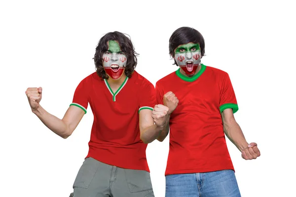 Dwóch Fanów Piłki Nożnej Koszulką Twarzą Pomalowaną Flagą Drużyny Iran — Zdjęcie stockowe
