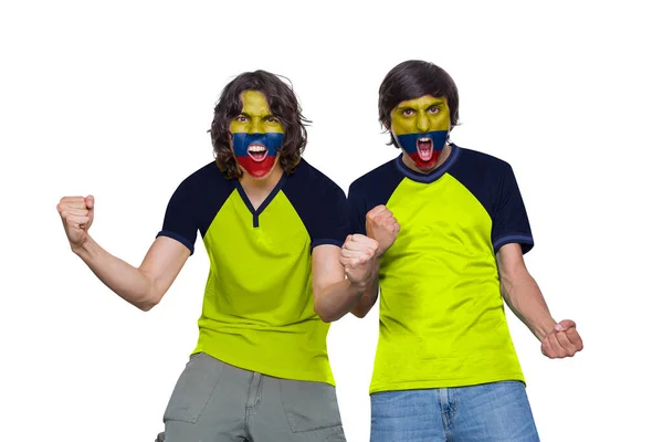 Dwóch Fanów Piłki Nożnej Koszulką Twarzą Pomalowaną Flagą Drużyny Ekwadoru — Zdjęcie stockowe