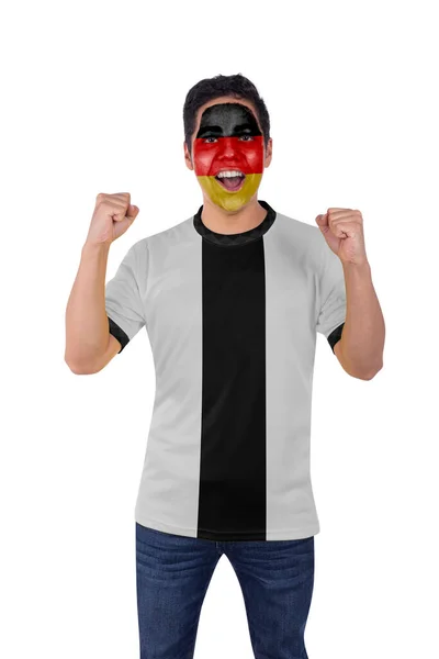 Młody Fanatyk Sportu Piłki Nożnej Białą Koszulką Niemcy Szczęśliwy Krzycząc — Zdjęcie stockowe