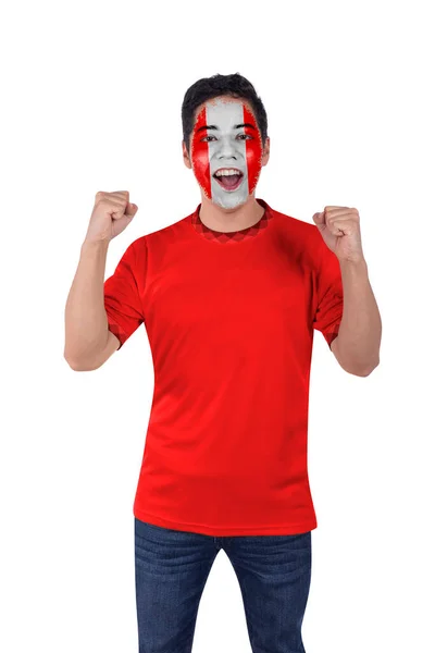 Jovens Esportes Futebol Fanático Homem Com Vermelho Canadá Jersey Feliz — Fotografia de Stock