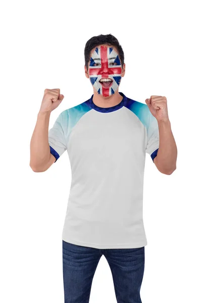 Mladý Sportovní Fotbalový Fanatik Bílou Anglií Dres Šťastný Křik Emocemi — Stock fotografie