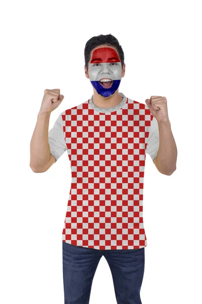 Młody Fanatyk Sportu Piłki Nożnej Chorwacką Koszulką Szczęśliwy Krzycząc Emocji — Zdjęcie stockowe