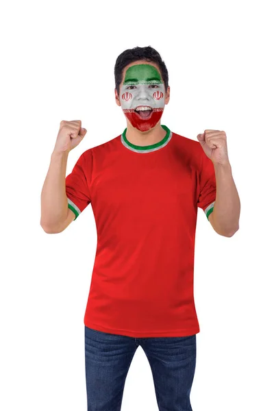 Fiatal Sport Foci Fanatikus Férfi Piros Iran Mez Boldog Kiabálva — Stock Fotó