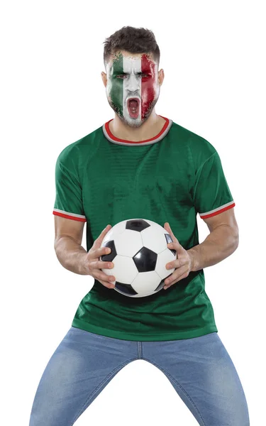 Футбольный Фанат Майкой Лицом Раскрашенным Флагом Команды Мексики Кричащий Волнения — стоковое фото