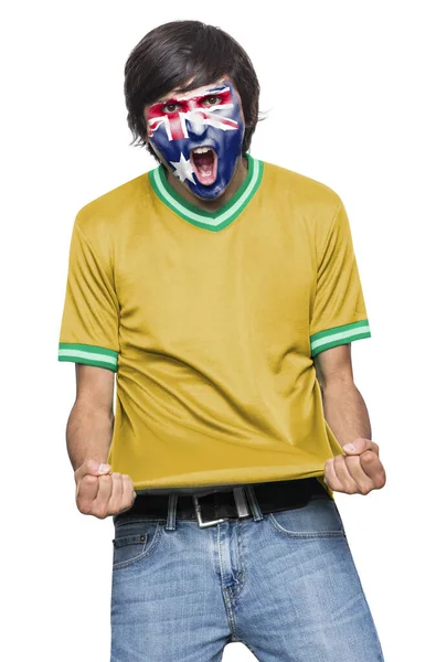 Miłośnik Piłki Nożnej Koszulką Twarzą Pomalowaną Flagą Drużyny Australijskiej Krzyczącej — Zdjęcie stockowe