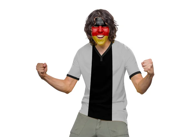 Soccer Fan Man Jersey Face Painted Flag Alemania Team Screaming — Stock Photo, Image