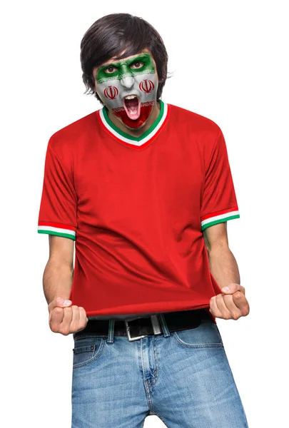 Soccer Fan Man Jersey Face Painted Flag Iran Team Screaming — Stock Photo, Image