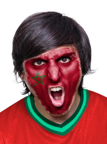 Homem Futebol Com Camisa Rosto Pintado Com Bandeira Equipe Marrocos — Fotografia de Stock