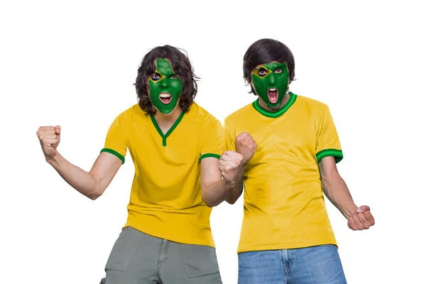 Dwóch Fanów Piłki Nożnej Koszulką Twarzą Pomalowaną Flagą Brazylijskiej Drużyny — Zdjęcie stockowe