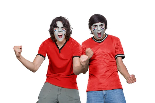 Zwei Fußballfans Mann Mit Trikot Und Gesicht Bemalt Mit Der — Stockfoto