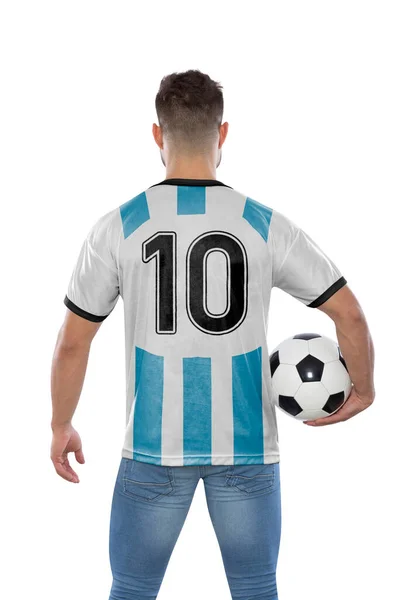 Soccer Fan Man Number Ten White Light Blue Jersey National — Stock Photo, Image