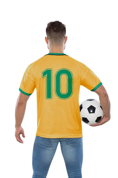 Miłośnik Piłki Nożnej Numerem Dziesięć Żółtej Koszulce Reprezentacja Australii Piłką — Zdjęcie stockowe