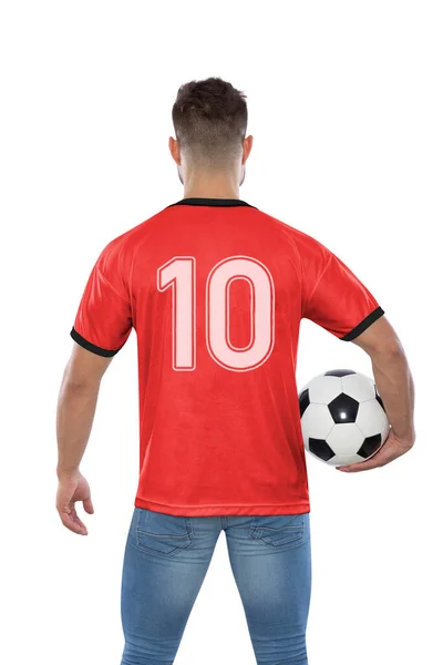 Miłośnik Piłki Nożnej Numerem Dziesięć Czerwonej Koszulce Reprezentacja Republiki Korei — Zdjęcie stockowe