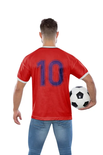 身穿红色球衣排名第10的足球迷 白底手拿球的哥斯达黎加国家队 — 图库照片