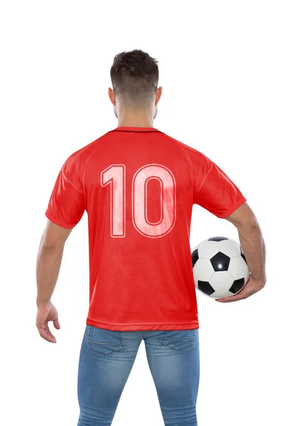 Miłośnik Piłki Nożnej Numerem Dziesięć Czerwonej Koszulce Reprezentacja Danii Piłką — Zdjęcie stockowe