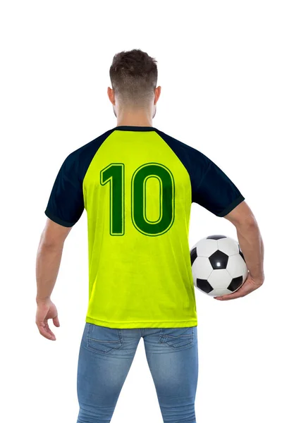 サッカーファン男ともに10で黄色ジャージーザナショナルチームのエクアドルのボールで手に白の背景 — ストック写真
