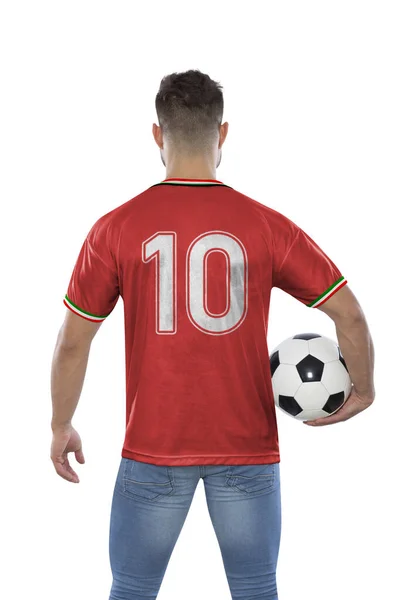 Miłośnik Piłki Nożnej Numerem Dziesięć Czerwonej Koszulce Reprezentacja Walii Piłką — Zdjęcie stockowe