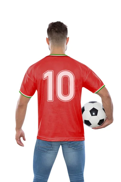 Miłośnik Piłki Nożnej Numerem Dziesięć Czerwonej Koszulce Reprezentacja Iran Piłką — Zdjęcie stockowe