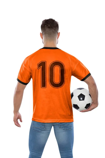 Miłośnik Piłki Nożnej Numerem Dziesięć Pomarańczowej Koszulce Reprezentacja Holandii Piłką — Zdjęcie stockowe