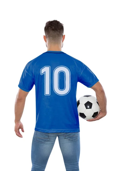 身穿蓝色球衣排名第10位的足球迷 白底手拿球的日本国家足球队 — 图库照片