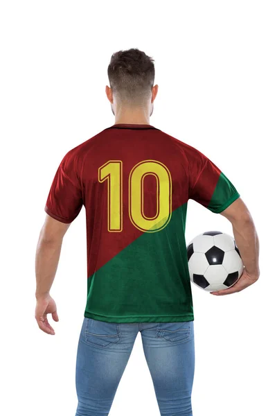 Miłośnik Piłki Nożnej Numerem Dziesięć Czerwono Zielonej Koszulce Reprezentacja Portugalii — Zdjęcie stockowe