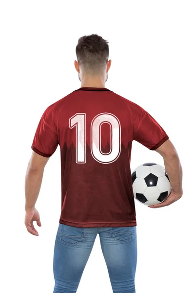 身穿红色球衣排名第10位的足球迷是卡塔尔国家队的一员 他手握球 背景是白色的 — 图库照片