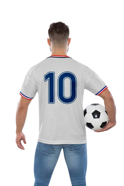 Homem Futebol Com Número Dez Camisa Branca Equipe Nacional Dos — Fotografia de Stock
