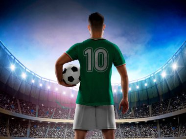 Meksika milli takımının yeşil formasını giyen profesyonel erkek futbolcu 10 numaralı formayla taraftarlarla dolu stadyuma giriyor..