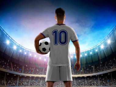 Amerikan milli takımının beyaz formasını giyen profesyonel erkek futbolcu 10 numaralı formasıyla taraftarlarla dolu stadyuma giriyor..