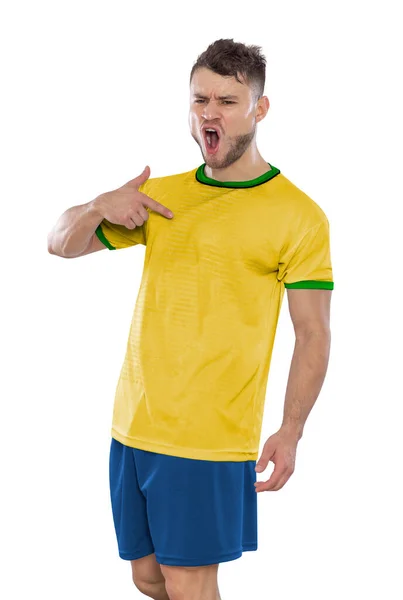 브라질 유니폼을 선수가 배경에 행복의 표현으로 흥분해서 소리치고 있습니다 — 스톡 사진