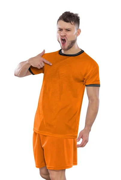 Jugador Fútbol Profesional Con Una Camiseta Selección Holandesa Gritando Emoción —  Fotos de Stock