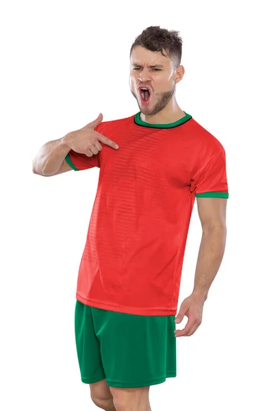 Επαγγελματίας Ποδοσφαιριστής Φανέλα Της Εθνικής Ομάδας Του Μαρόκου Φωνάζοντας Ενθουσιασμό — Φωτογραφία Αρχείου