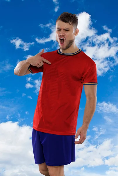 Jogador Futebol Profissional Uma Camiseta Vermelha Seleção Espanhola Gritando Emoção — Fotografia de Stock