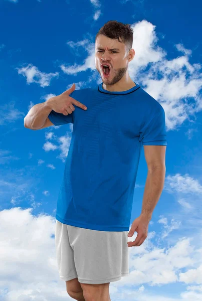 Professionel Fodboldspiller Blå Shirt Det Tyske Japan Team Skrigende Spænding - Stock-foto