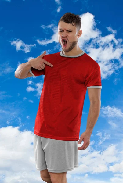 Profesjonell Fotballspiller Rød Skjorte Det Sveitsiske Landslaget Skriker Spenning Mål – stockfoto