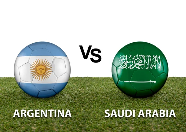 Two balls with the flags of rival countries Argentina vs Saudi Arabia on the grass of a Qatar 2022 world cup soccer field on a white background.