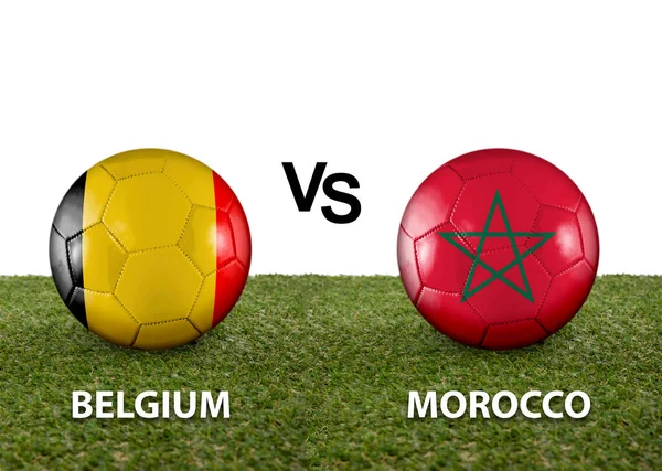 Two balls with the flags of rival countries Belgium vs Morocco on the grass of a Qatar 2022 world cup soccer field on a white background.
