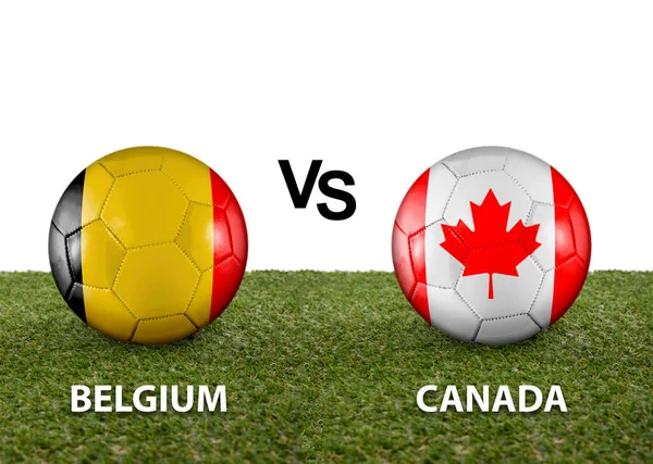 Two balls with the flags of rival countries Belgium vs Canada on the grass of a Qatar 2022 world cup soccer field on a white background.