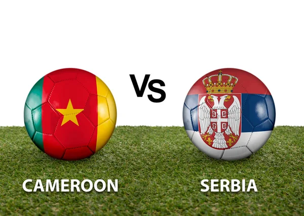 Two balls with the flags of rival countries Cameroon vs Serbia on the grass of a Qatar 2022 world cup soccer field on a white background.